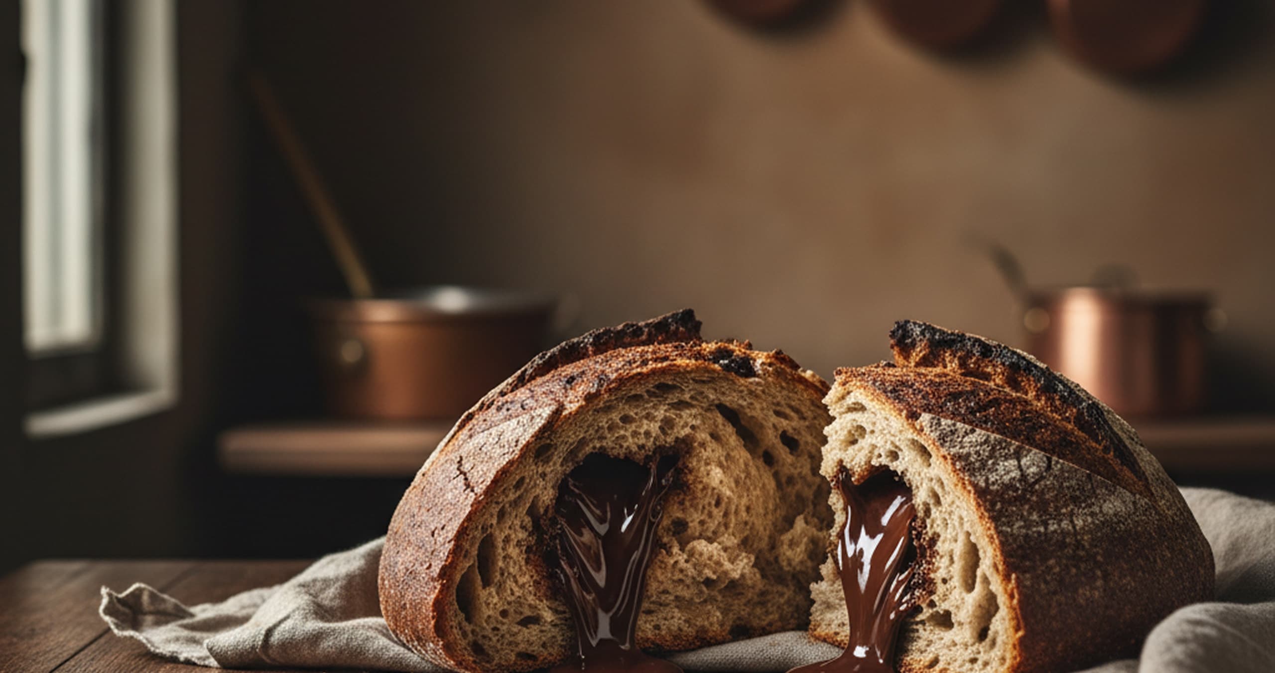 A chocolate sourdough loaf torn open on a linen cloth in a warm bakery kitchen